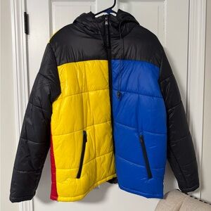 Colorblock Members Only Puffer Jacket - Black, Yellow, Blue